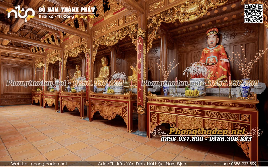 Nội thất nhà gỗ 5 gian chùa Phổ Quang